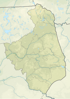 Mapa konturowa województwa podlaskiego, po prawej nieco na dole znajduje się punkt z opisem „Puszcza Ladzka”