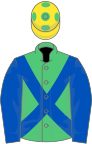 Emerald green, royal blue cross sashes, royal blue sleeves, yellow cap, green spots