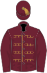 Claret, gold braid, claret sleeves, claret cap