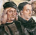 Luca Signorelli, particolare dell'autoritratto (a sinistra, in fianco al ritratto del Beato Angelico) negli affreschi della Cappella di San Brizio, 1499-1502 (Orvieto, Duomo)