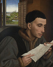 Peinture représentant un homme en costume de savant, lisant un parchemin