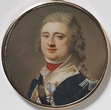 Axel Gabriel De la Gardie iklädd uniform m/1792 för regementet. Hans epåletter visar att han är major. På bröstet bär han Svärdsorden. Målning från ca 1800 av Domenico Bossi.