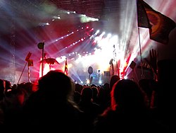 A smoky concert area. Picture taken from ground level, in the crowd, looking toward the stage.