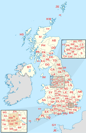 Map of the United Kingdom and Crown dependencies showing postcode area boundaries