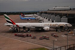 Emirates airliner at Manchester Airport.