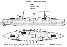 El barco lleva cuatro torretas de dos cañones, una centrada hacia adelante, una detrás y al lado derecho del barco, otra más atrás y a la izquierda, y la última centrada en la popa. Numerosos cañones más pequeños se distribuyen a lo largo de los costados del buque.