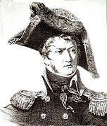 Gravure noir et blanc d’un officier napoléonien coiffé d’un chapeau.