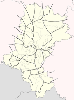 Mapa konturowa województwa śląskiego, blisko centrum po lewej na dole znajduje się punkt z opisem „Suszec Kopalnia”