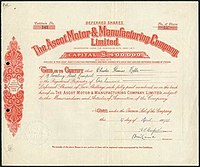 An image of a share certificate issued for 100 shares in the company on 4 April 1928