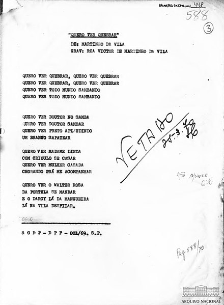 File:Versão da letra da música "Quero ver quebrar", de Martinho da Vila, vetada pela Censura Federal, 28 de março de 1970.jpg