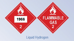 Two U.S. Department of Transportation placards indicating the presence of hazardous materials, which are used with liquid hydrogen