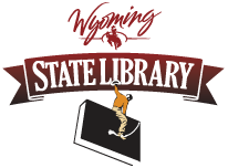 image of a person "riding" a book as if it were a horse with the words Wyoming State Library on top