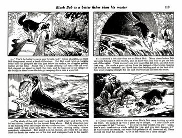 A typical page in a Black Bob story; four drawings by Jack Prout, with a paragraph of text below each one