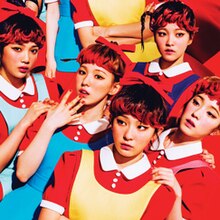 Colorful square with red, cyan and yellow as main color, featuring five girls.