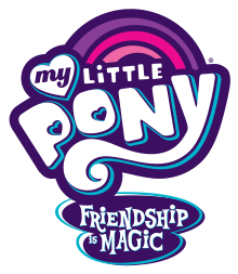 Purple and pink rainbow over the words "my LiTTLE PONY" with the words "FRiENDSHiP iS MAGiC" underneath