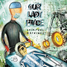 Against a busy bluish background, a slender faceless figure in a surgical mask stands at the head of a gurney in which a startled looking man lays looking at some sort of floating apparatus. His body is seen as an x-ray, showing both human bones and mechanical elements. The band's name and the name of the album appear top and center.