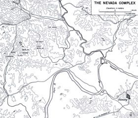 A black and white map depicting UN outposts which are located in a line centrally on the left of the map, including Carson, Reno, Elko, Vegas, Berlin, East Berlin and Detroit and the Hook, which is depicted to their right in the middle of the map. Numerous contour lines detail the terrain of the area, while roads are depicted running both horizontally and vertically. To the south, the Imjin River runs from east to west, turning south, before hooking north and then again to the south, while the Samichon River runs from the north to the west on the right of the map before meeting the Imjin River at their confluence. To the bottom right is the town of Choksong, which is depicted to the south of the river.