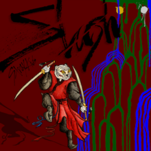 Tiger, wearing a hanbok, dancing with swords with irworobongdo-styled mountain ranges and waterfalls in right corner and the title "Slash" on the top inked in Korean-styled calligraphy