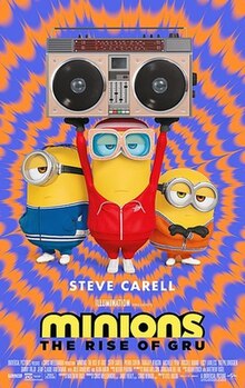 Three Minions stand in track suits, with the middle one holding up a boombox, in front of a psychedelic background.