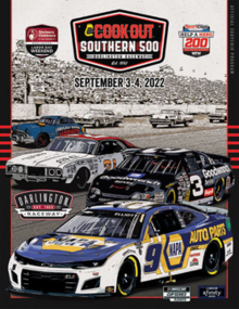 The 2022 Cook Out Southern 500 program cover, featuring Chase Elliott, Dale Earnhardt, David Pearson, and Herb Thomas' Hudson Hornet.