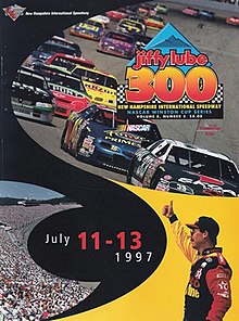 The 1997 Jiffy Lube 300 program cover, featuring Ernie Irvan.