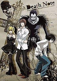 The main characters of Death Note. From right to left: Misa Amane, Light Yagami, Ryuk, and L.