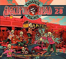 A crowd of skeletons celebrates in front of the Capitol Theatre, with the Grateful Dead listed on the marquee