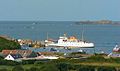 Scillonian III at the pier at St Mary's as seen from a distance