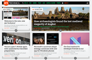 The Ars Technica logo is displayed in the top-left corner of the web page. Separated into two rows below the logo are several boxes, each of which contains an article's headline and image.