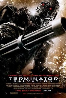A skeleton-like machine with bright red eyes holding a gun in the background. Below are the credits, tagline, and title.