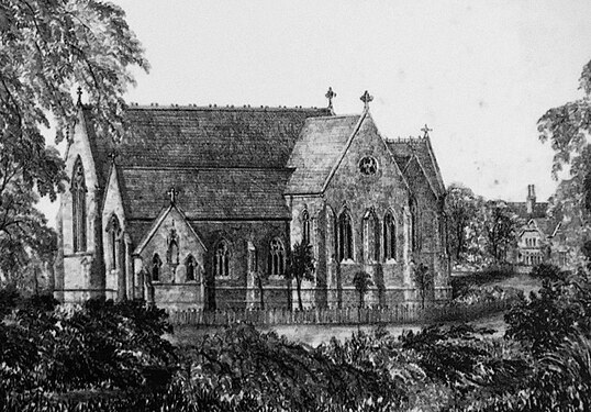 The stone church in the 1880s after the vicarage was built but before the steeple was added