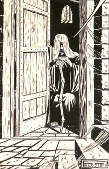 A black-and-white drawing of a shadowy human figure in a hooded cloak leaning on a cane inside a dark, crypt-like room