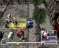 A combat scene set in a street, showing bipedal mechanical weapons in combat with enemy units. The move and attack type drain an energy metre for the controlled weapon.