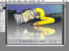 SuperPaint with one window open displaying artwork of a tube with yellow paint squeezed out of it, where the paint is morphing into the shape of a pencil.