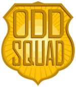 A yellow badge shape with a starburst coming from its center, emblazoned with the words "Odd Squad"