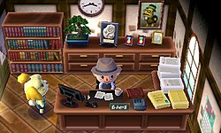 A player is seen in town hall, with Isabelle next to them.