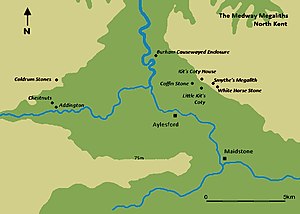 A map featuring a river moving from the top of the image (north) to the bottom right corner (southeast). Various black dots mark out the location of Medway Megaliths on either side of the river.