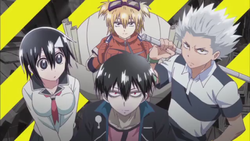 A Blood Lad főszereplői: Blood Charlie Staz (elöl), Janagi Fujumi (balra), Wolf (jobbra), Hydra Bell (hátul)