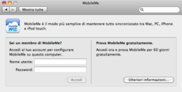 Pannello delle Preferenze di Sistema relativo a MobileMe su Mac OS X Snow Leopard