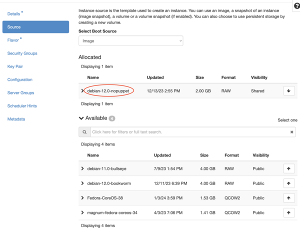 A screenshot of the Horizon instance creation dialog, showing the image-selection tab. The selected image is named 'debian-12.0-nopuppet'