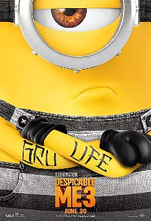 A yellow creature with one eye in a black-and-white striped clothing, with a tattoo that reads "GRU LIFE" around his arms.