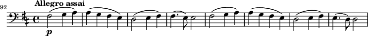 
\layout {
  indent = 0
}
\new Score {
  #(set-default-paper-size "b6")
  \new Staff {
    \relative c, {
      \set Staff.midiInstrument = #"cello"
      \set Score.currentBarNumber = #92
      \time 4/4
      \key d \major
      \clef "bass_8"
      \omit Staff.ClefModifier
      \tempo 2 = 60
      \omit Score.MetronomeMark

      \bar ""
      fis2\p^\markup { \halign #-0.5 \bold "Allegro assai" }( g4 a) | a4( g fis e) | d2( e4 fis) | fis4.( e8) e2 |
      fis2( g4 a) | a4( g fis e) | d2( e4 fis) | e4.( d8) d2
    }
  }
}
