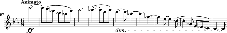 
\relative c''' \new Staff {
  \key es \major \clef "treble"
  \set Staff.midiInstrument = "violin"
  \set Score.tempoHideNote = ##t \tempo "Animato" 4 = 96
  \set Score.currentBarNumber = #97 \bar ""
  \time 6/8
  bes'2.\ff ~ | bes8 as( fes des ces fes) | g2. | ges4.( ~ ges8 es ges) | es4.\dim ~ es8 ces4 ~ | ces4. ges4. ~ | ges4 es8 ~ es4 ces8( ~ | ces4 ges8 es des ces) | bes4.\! ~ bes8
}
