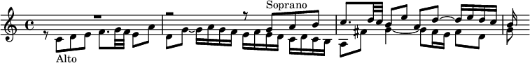 
{
#(set-global-staff-size 17)
\relative{
\new Staff \clef treble \key c \major \tempo 4=70 \set Score.tempoHideNote = ##t
      \override Score.BarNumber  #'transparent = ##t
  <<
    { \voiceOne R1 r2 r8 g'^"Soprano" a b c8. d32 c b8 e a, d ~ d16 e d c b}
  \new Voice= "Alto"
    { \voiceTwo r8 c,_"Alto" d e f8. g32 f e8 a8 d,8 g ~ g16 a g f e f e d c d c b a8 fis' g4~ g8 fis16 e fis8 d g}
  >>
} }
