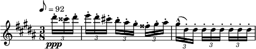 
  \relative c'' { \clef treble \time 3/8 \key gis \minor \tempo 8 = 92
   \partial 8*1 \times 2/3 { dis'16-.\ppp cisis-. dis-. } | \times 2/3 { e-.[ dis-. cis!-.] } \times 2/3 { b-.[ ais-. gis-.] } \times 2/3 { fisis-.[ gis-. ais-.] } |
    \times 2/3 { gis^^([ dis-.) dis-.] } \times 2/3 { dis-.[ dis-. dis-.] } \times 2/3 {dis-.[ dis-. dis-.] } }
