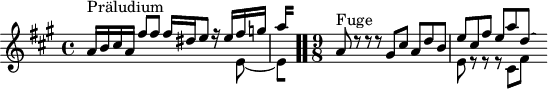 
\version "2.18.2"
\header { 
  tagline = ##f
}

\score {
  \new Staff \with {

  }
<<
  \relative c'' {
    \key a \major
    \time 4/4

     %% INCIPIT CBT I-5, BWV 850, ré majeur
     << { s4*0^\markup{Präludium} a16 b cis a fis'8 fis fis16 dis e8 r16 e fis g | \once \override Staff.TimeSignature #'stencil = ##f \time 1/8
{ 
 % suppression des warnings :
 #(ly:set-option 'warning-as-error #f)
 #(ly:expect-warning (_ "stem does not fit in beam")) %% <= à traduire éventuellement
 #(ly:expect-warning (_ "beam was started here")) %% <= à traduire éventuellement
  \set stemRightBeamCount = #2
  a4*1/4[ s]
} } \\ { s2 s4. e,8~ 
{ 
 % suppression des warnings :
 #(ly:set-option 'warning-as-error #f)
 #(ly:expect-warning (_ "stem does not fit in beam")) %% <= à traduire éventuellement
 #(ly:expect-warning (_ "beam was started here")) %% <= à traduire éventuellement
  \set stemRightBeamCount = #1
  e4*1/4[ s]
} } >> \bar ".."

    \time 9/8
     << { s4*0^\markup{Fuge} a8 d8\rest d8\rest d8\rest gis,8 cis a d b e cis fis e a d,~ \hideNotes d } \\ { s4.*3 e,8 r8 r8 r8 cis8 fis } >>

  }
>>
  \layout {
     \context { \Score \remove "Metronome_mark_engraver" 
     \override SpacingSpanner.common-shortest-duration = #(ly:make-moment 1/2) 
}
  }
  \midi {}
}
