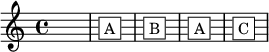   {
    \override TextScript.extra-offset = #'(1 . 4)
    s1 \bar "|"    
    s4-\markup { \whiteout \box \pad-markup #0.5 "A" } s s s \bar "|"
    s4-\markup { \whiteout \box \pad-markup #0.5 "B" } s s s \bar "|"
    s4-\markup { \whiteout \box \pad-markup #0.5 "A" } s s s \bar "|"
    s4-\markup { \whiteout \box \pad-markup #0.5 "C" } s s s \bar "|"
  }  
