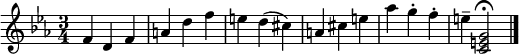  { \key c \minor \time 3/4 \relative c' { f d f a d f e d( cis) a cis e aes g-. f-. e--  <c, e g