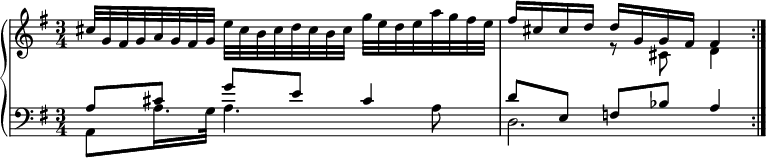 
\new PianoStaff <<
 \new Staff \relative c'' {
  \key g \major \time 3/4
  cis32 g fis g a g fis g e' cis b cis d cis b cis g' e d e a g fis e |
  << { fis16 cis cis d d g, g fis fis4 } \\ { s4 r8 cis d4 } >> | \bar ":|."
 }
 \new Staff <<
  \new Voice \relative c' {
   \key g \major \clef bass \voiceOne
   a8[ cis] g' e cis4 |
   d8[ e,] f bes a4 |
  }
  \new Voice \relative c {
   \voiceTwo
   a8 a'16. g32 a4. a8 |
   d,2. |
  }
 >>
>>
