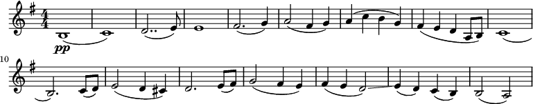  \relative c' { \set Score.tempoHideNote = ##t \tempo 4 = 72 \set Staff.midiInstrument = #"cello" \clef treble \key g \major \numericTimeSignature \time 4/4 b1\pp( | c) | d2..( e8) | e1 | fis2.( g4) | a2( fis4 g) | a( c b g) | fis( e d a8 b) | c1( | b2.) c8( d) | e2( d4 cis) | d2. e8( fis) | g2( fis4 e) | fis( e d2)\glissando | e4( d) c( b) | b2( a) } 